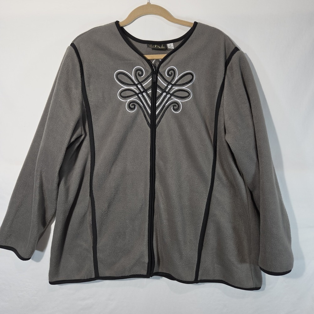 Bob Mackie Fleece Jacket Womens 1X XL Grey Embroidered Full Zip Art Wear